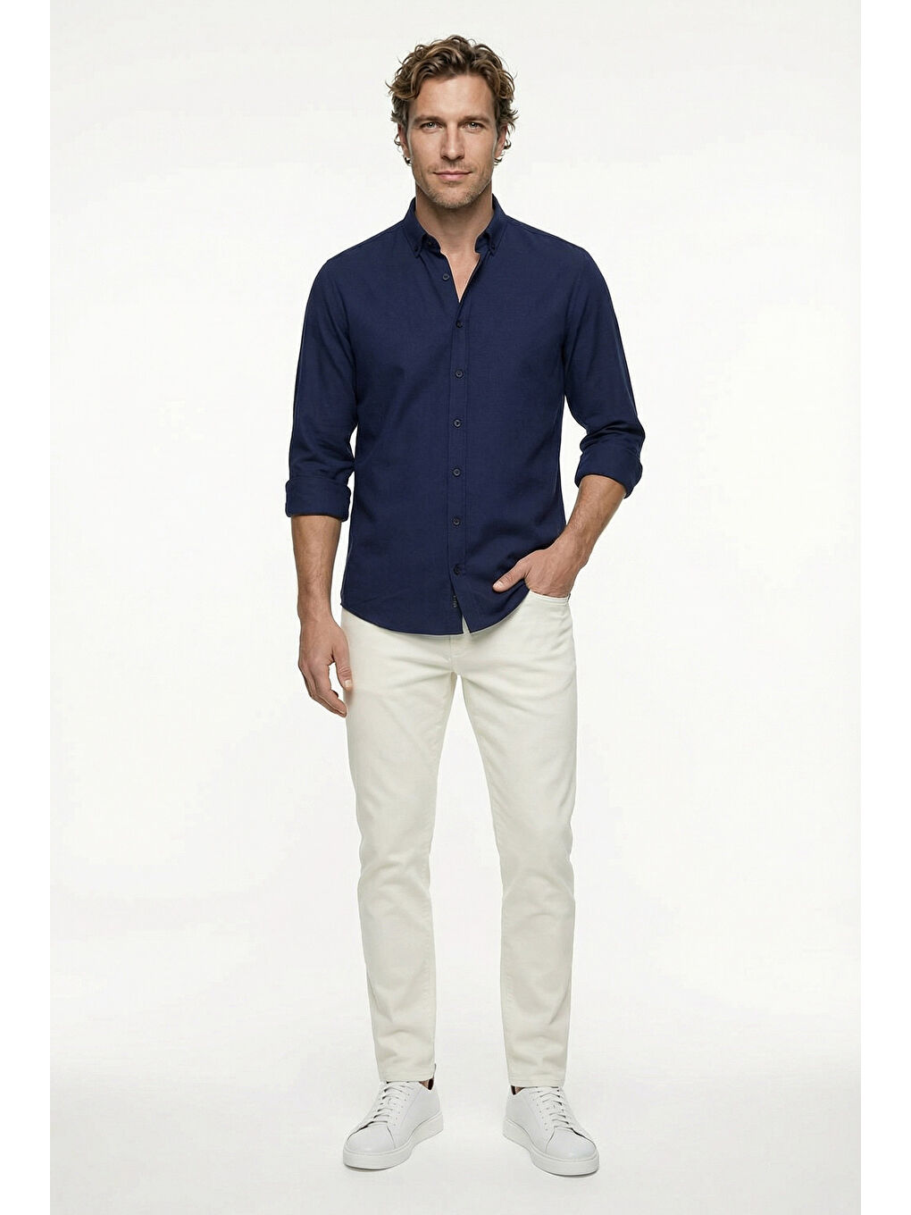 Lacivert Uzun Kol Regular Fit Düğmeli Yaka Spor Pamuk Nefes Alabilen Keten Görünümlü Gömlek-1