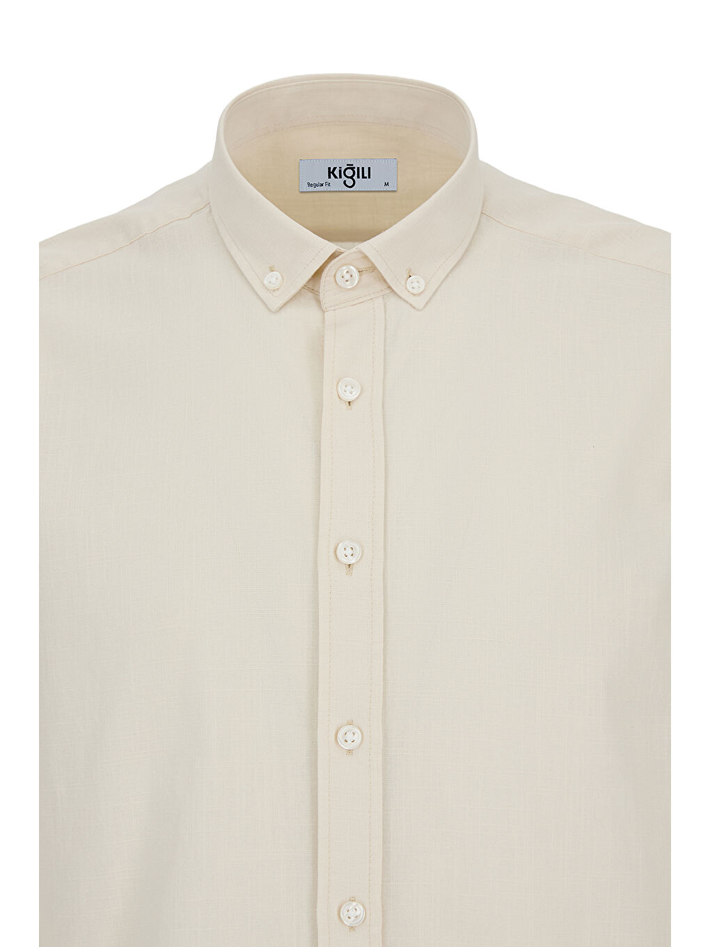 Bej Uzun Kol Regular Fit Düğmeli Yaka Spor Pamuk Nefes Alabilen Keten Görünümlü Gömlek-5