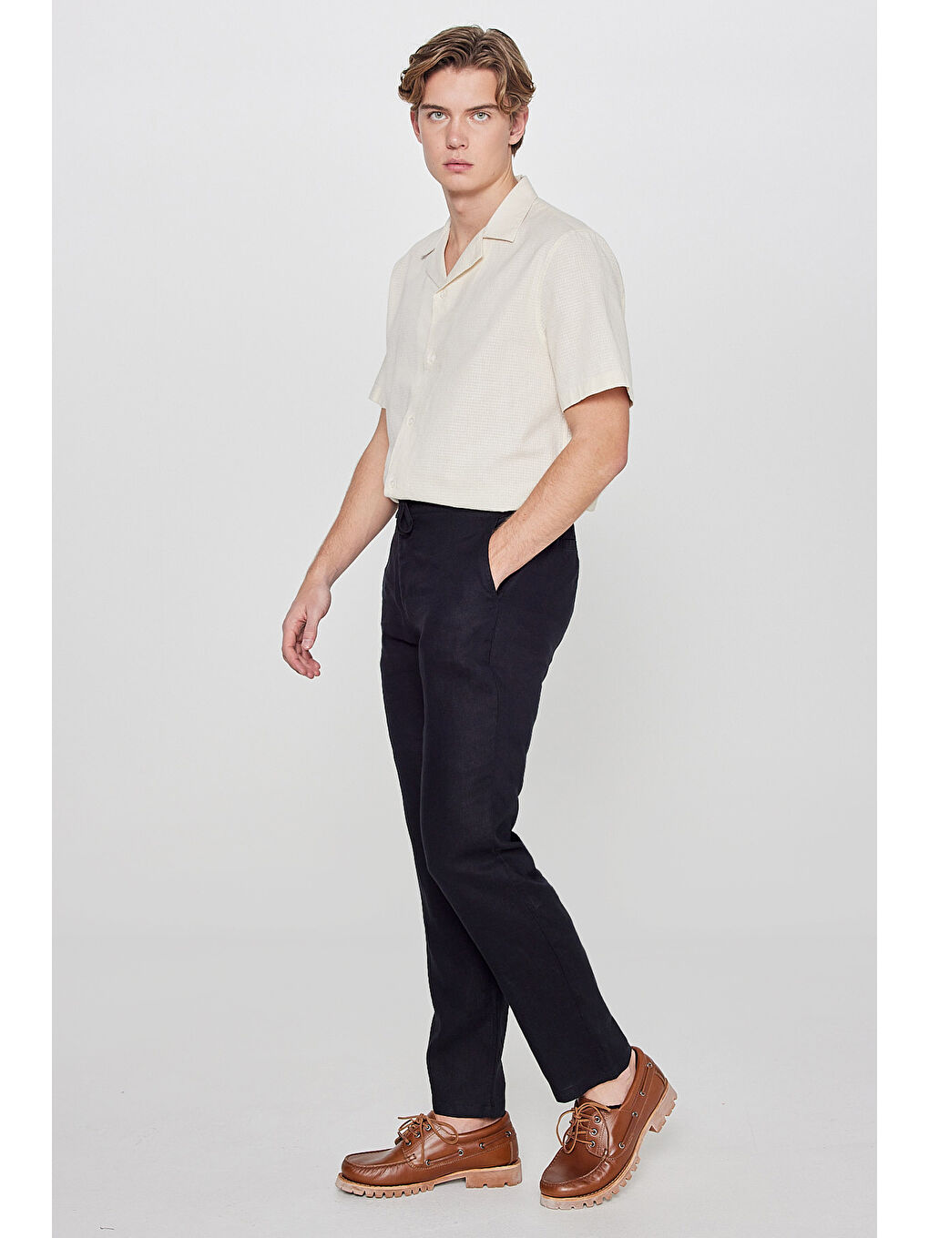 Siyah %100 Keten Regular Fit Cepli Pantolon-1