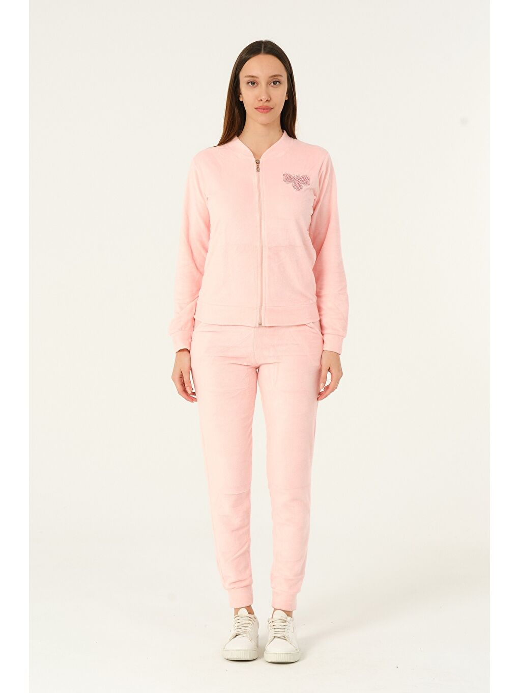 Pembe Fermuarlı Taş Detaylı Uzun Kollu Cepli Slim Fit Soft Polar Eşofman Takımı-1