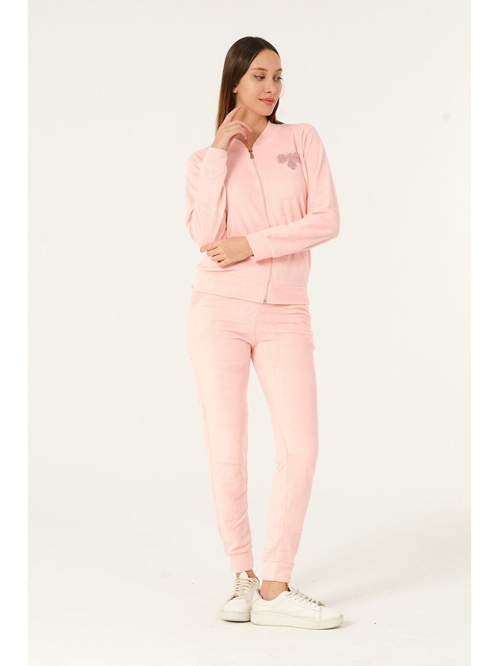 Pembe Fermuarlı Taş Detaylı Uzun Kollu Cepli Slim Fit Soft Polar Eşofman Takımı-2