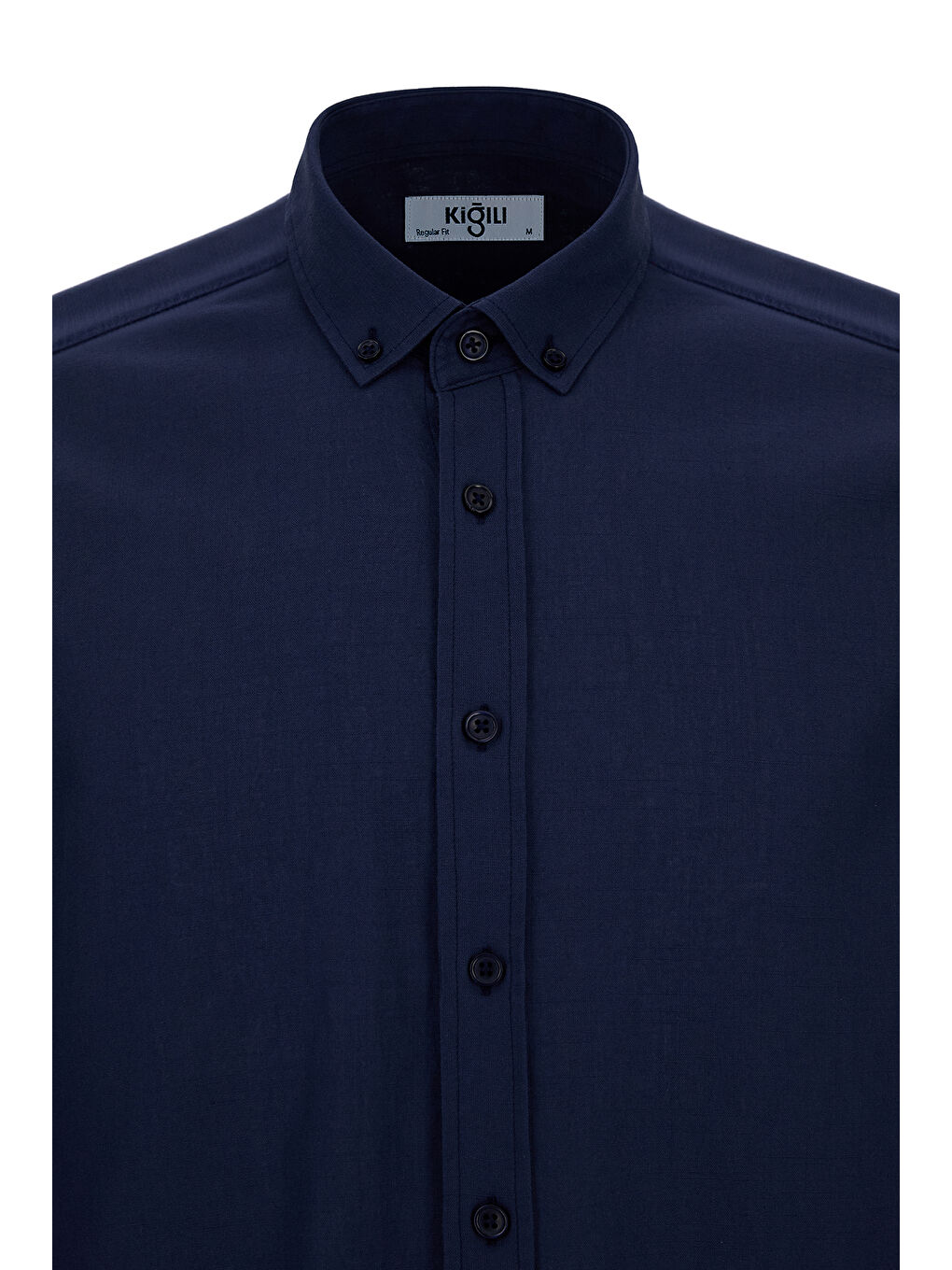 Lacivert Uzun Kol Regular Fit Düğmeli Yaka Spor Pamuk Nefes Alabilen Keten Görünümlü Gömlek-5