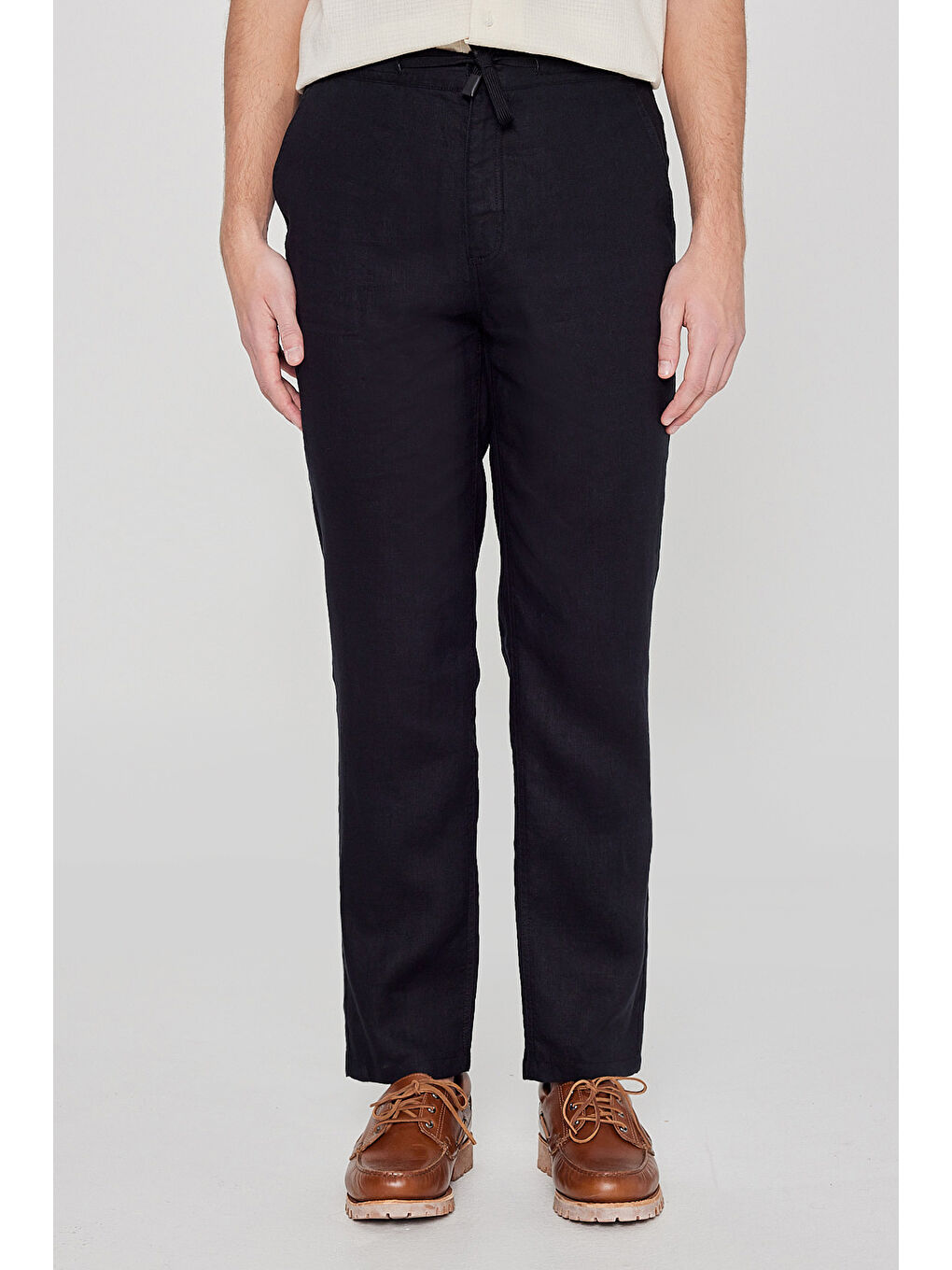 Siyah %100 Keten Regular Fit Cepli Pantolon-2