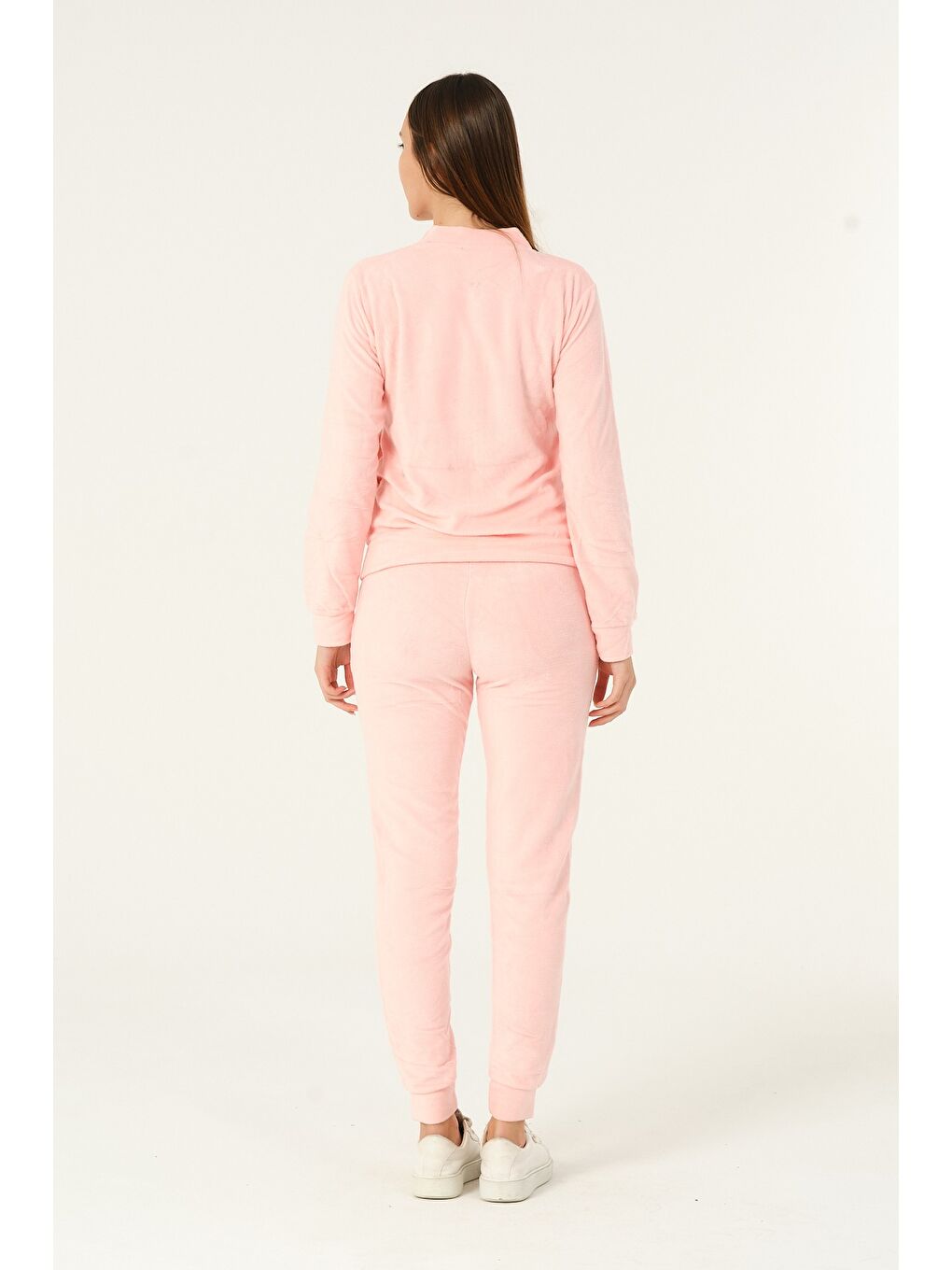 Pembe Fermuarlı Taş Detaylı Uzun Kollu Cepli Slim Fit Soft Polar Eşofman Takımı-3