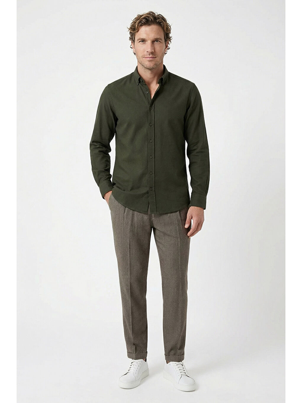 Haki Uzun Kol Regular Fit Düğmeli Yaka Spor Pamuk Nefes Alabilen Keten Görünümlü Gömlek-2