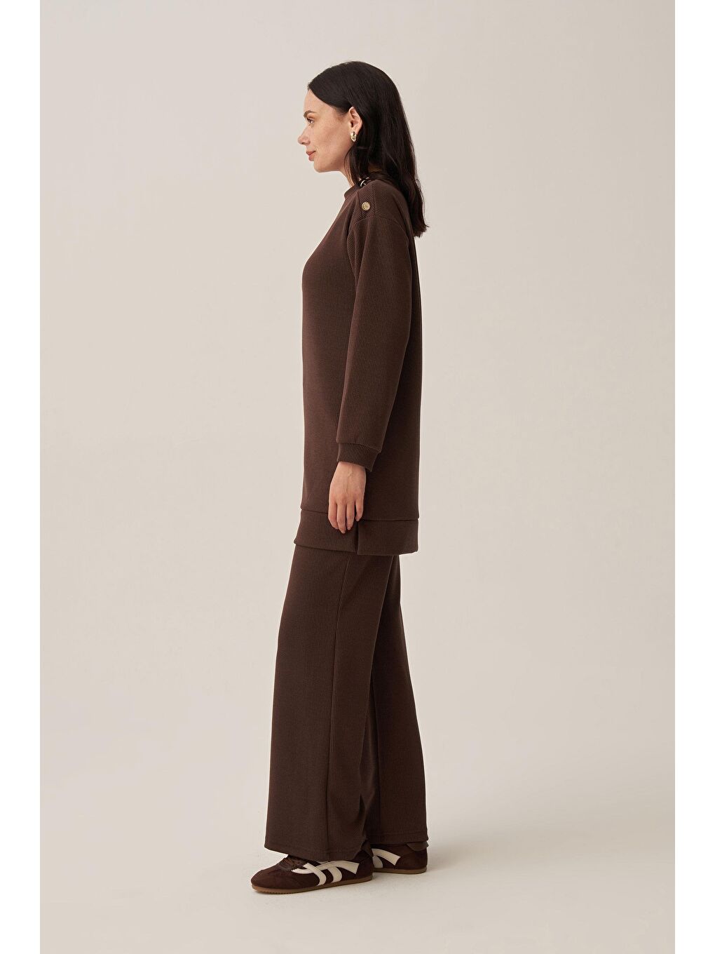 Kahverengi Kahve-Fitilli Dökümlü Pantolonlu Takım-2