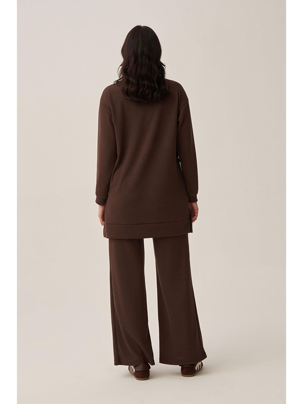 Kahverengi Kahve-Fitilli Dökümlü Pantolonlu Takım-3