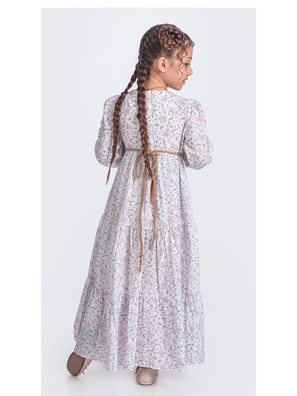 Beyaz Müslin Kumaş Kız Çocuk Uzun Kollu Elbise M00705-6