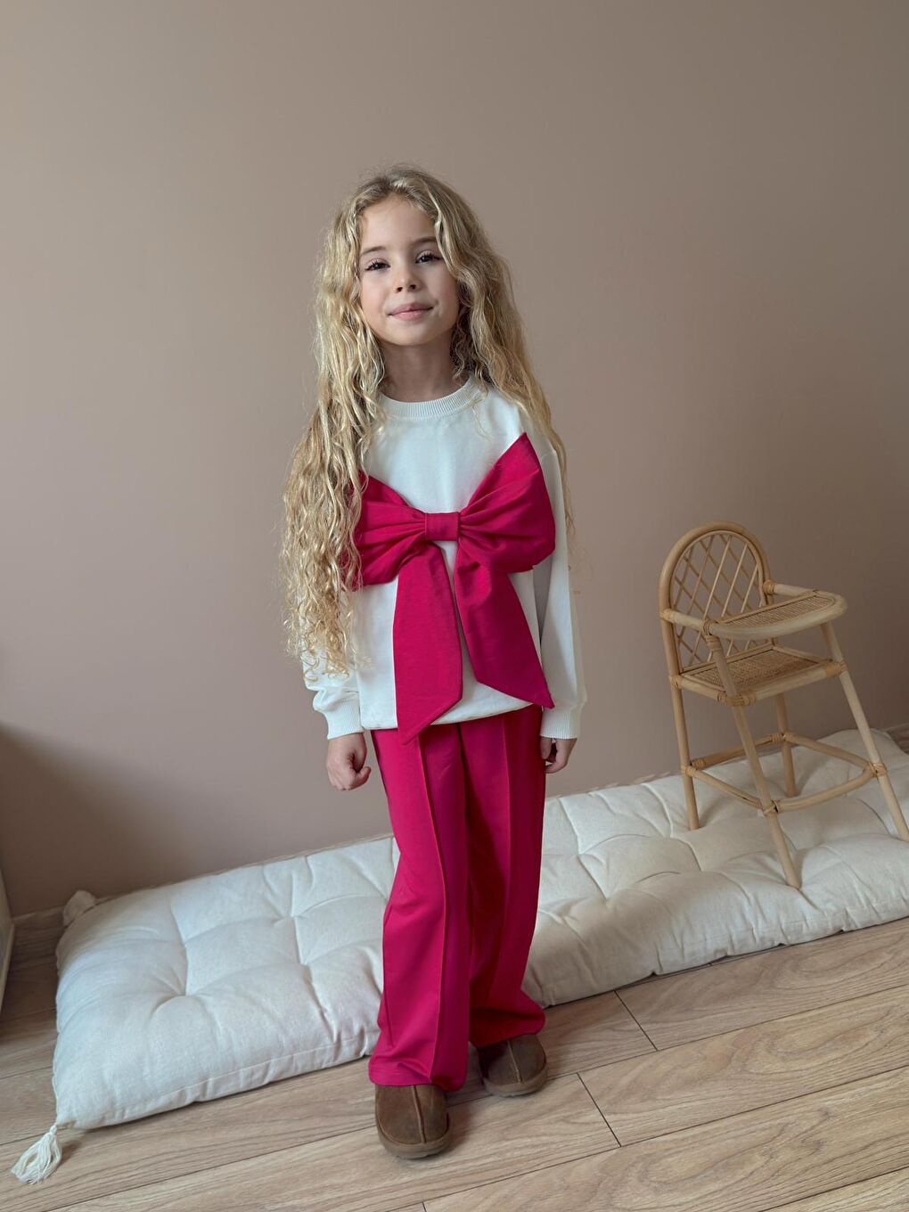 Kız Çocuk Fiyonk Detay Pamuklu Alt Üst Takım Fuşya-1