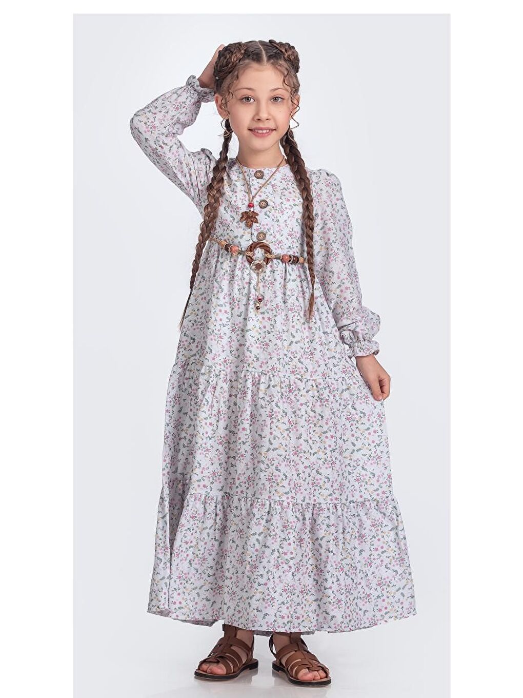 Beyaz Müslin Kumaş Kız Çocuk Uzun Kollu Elbise M00705-7