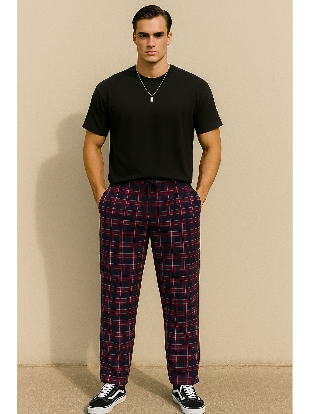 Bordo Erkek %100 Pamuk Cepli Ekose Pijama Altı