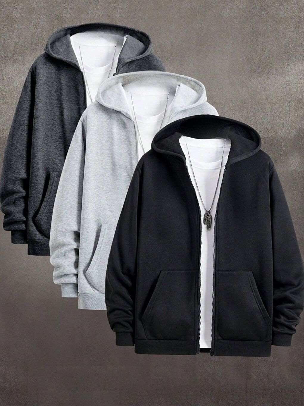 3lü Set Füme Siyah Gri Kapüşon Detay Fermuarlı Hırka