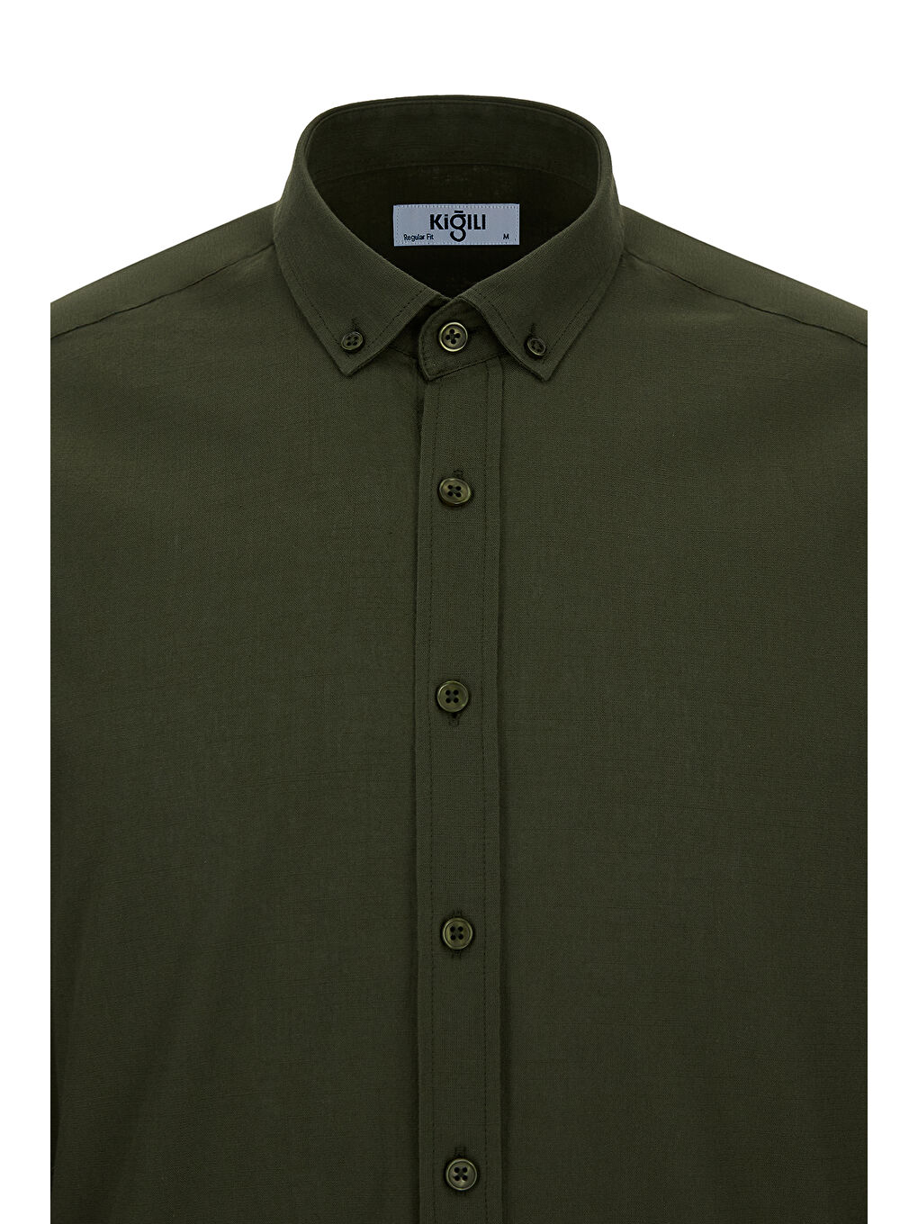 Haki Uzun Kol Regular Fit Düğmeli Yaka Spor Pamuk Nefes Alabilen Keten Görünümlü Gömlek-5