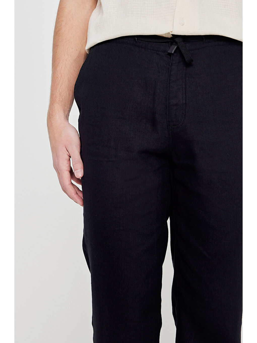 Siyah %100 Keten Regular Fit Cepli Pantolon-4