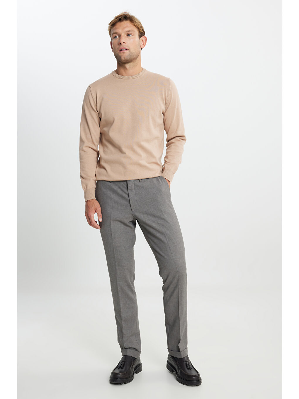 Erkek Kahverengi Slim Fit Dar Kesim Beli Lastikli Yan Cepli Desenli Klasik Pantolon-1