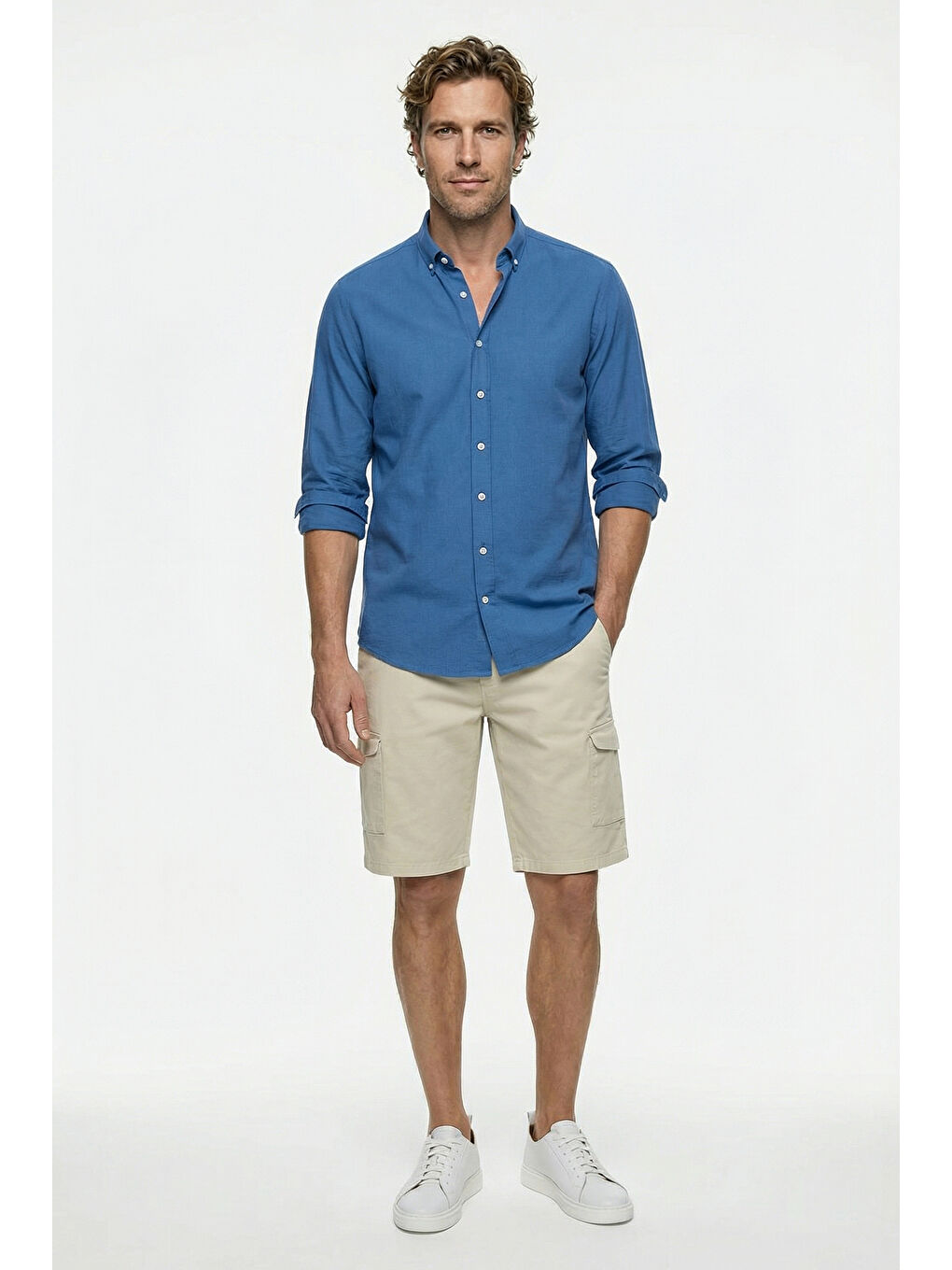 İndigo Uzun Kol Regular Fit Düğmeli Yaka Spor Pamuk Nefes Alabilen Keten Görünümlü Gömlek-2