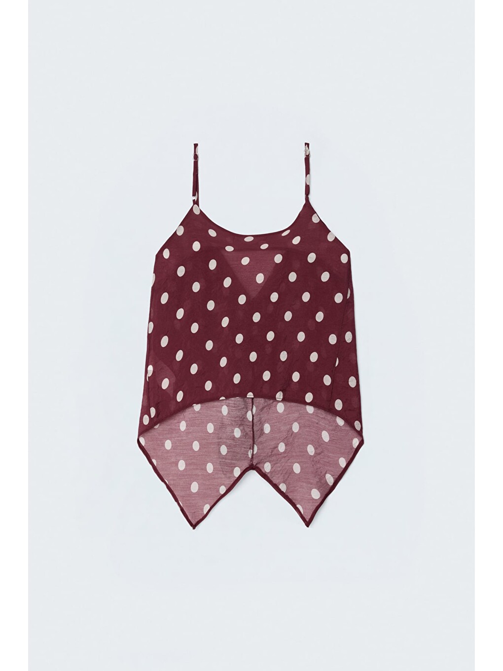 Puantiye Desenli Askılı Fırfırlı Bluz - Bordo-6
