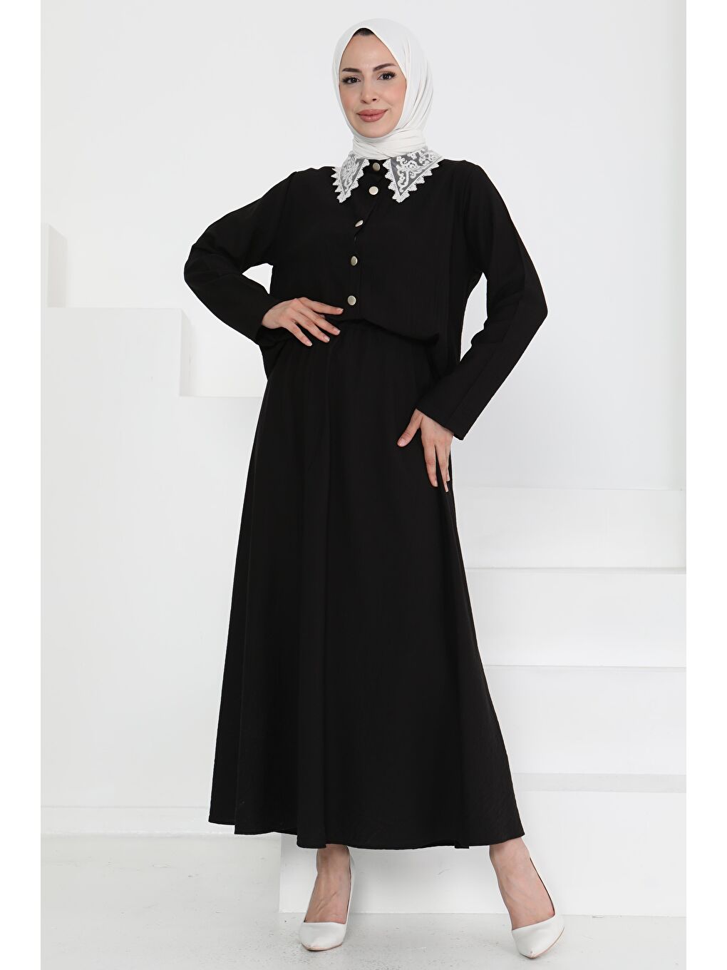 Dantel Yaka İkili Takım Siyah - 27179-1