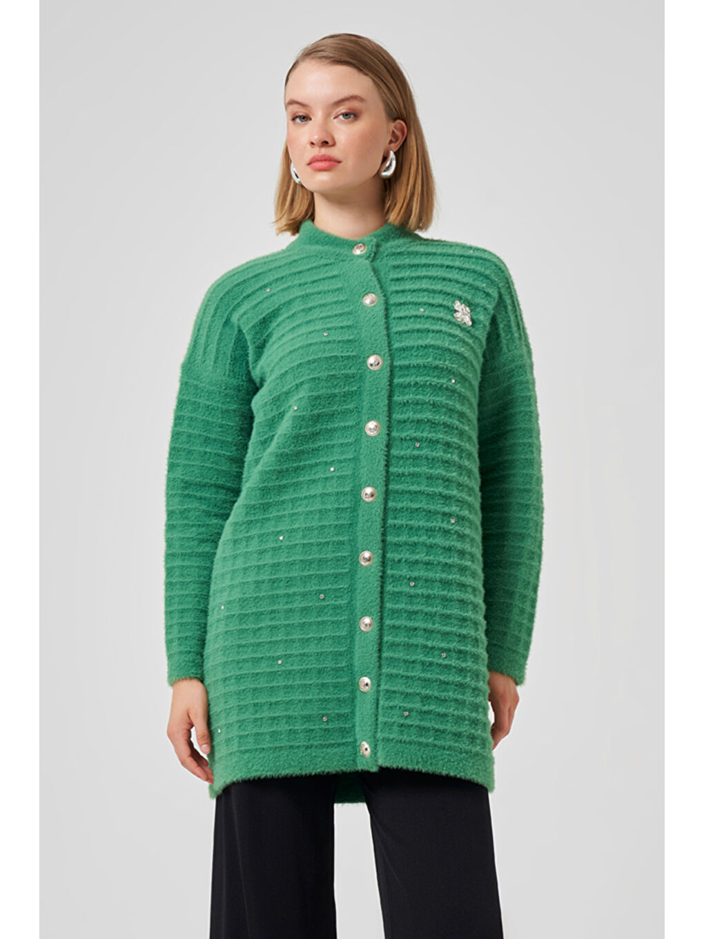 Yeşil Taş ve Broş Detay Angora Hırka 7010 yeşil