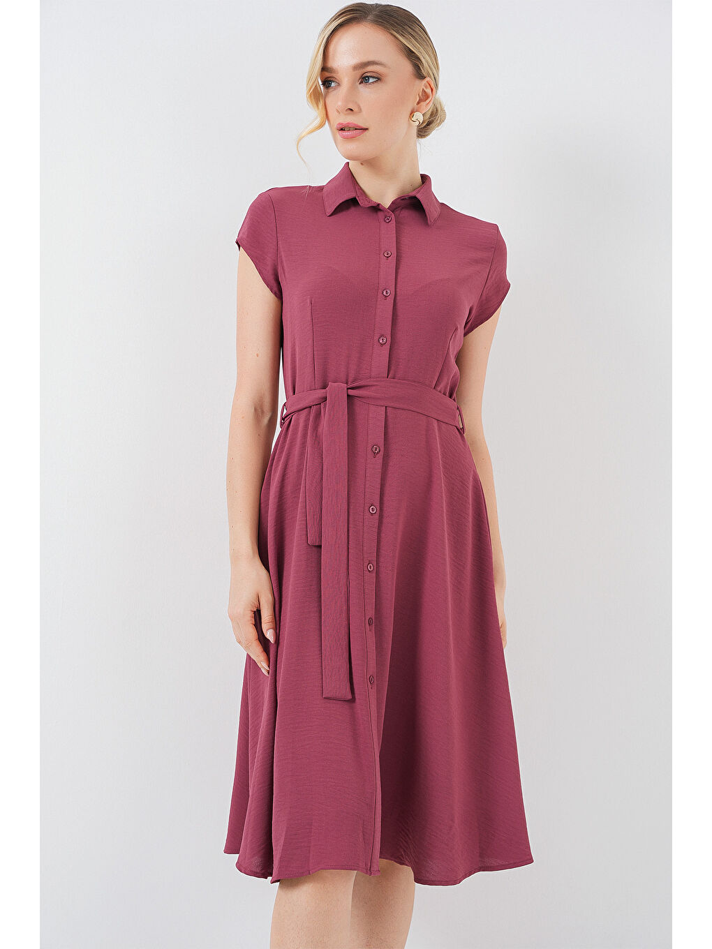 Pembe 1677 Boydan Düğmeli Kuşaklı Elbise - Gül Kurusu