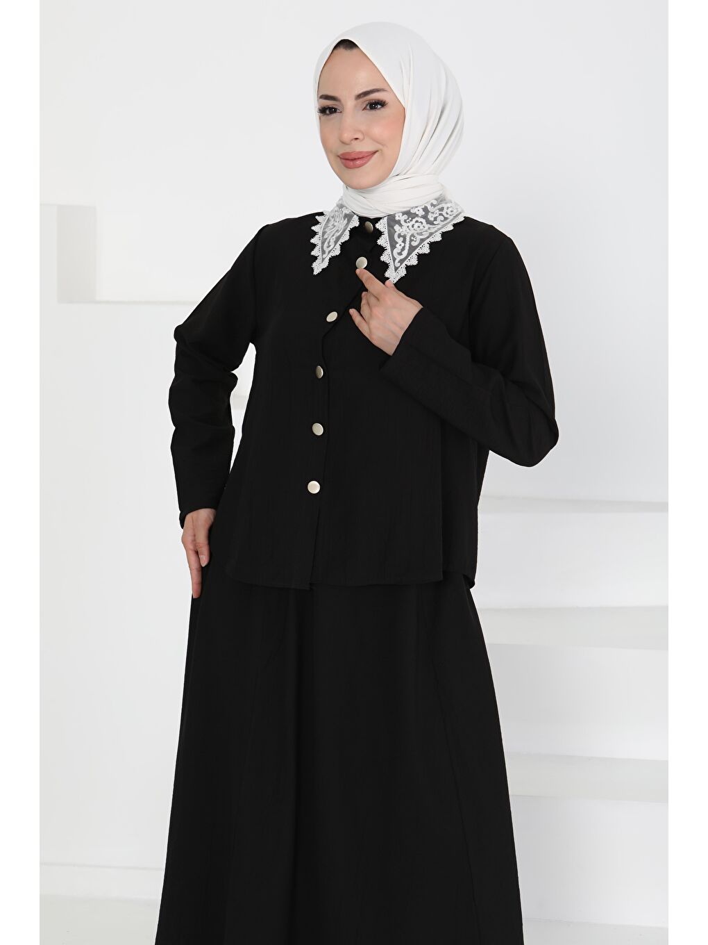Dantel Yaka İkili Takım Siyah - 27179-2