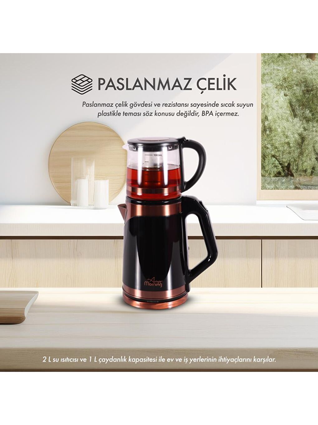 Any Morning Siyah-Bakır DE23203SX Cam Demlikli Çelik Su Isıtıcılı Çay Makinesi - 4