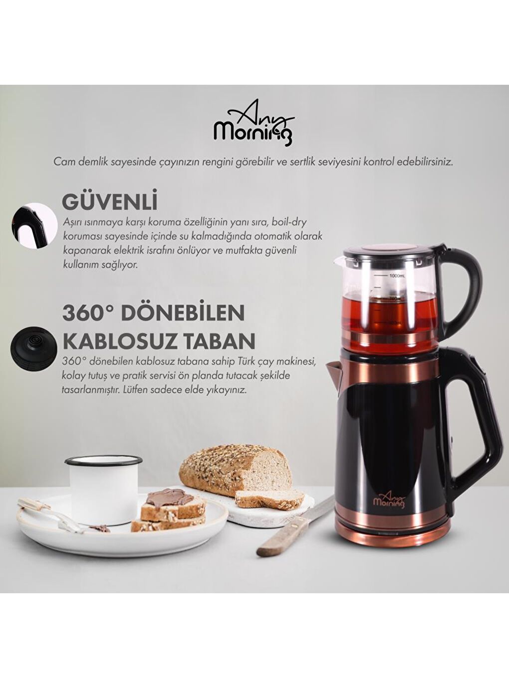 Any Morning Siyah-Bakır DE23203SX Cam Demlikli Çelik Su Isıtıcılı Çay Makinesi - 5