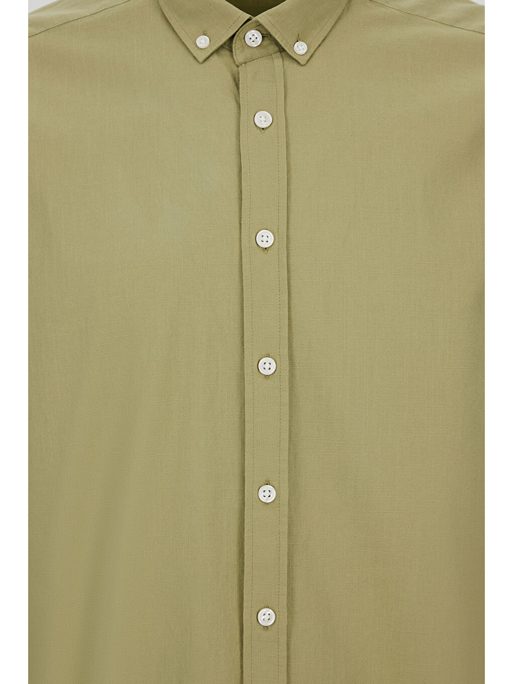 Haki Uzun Kol Regular Fit Düğmeli Yaka Spor Pamuk Nefes Alabilen Keten Görünümlü Gömlek-4