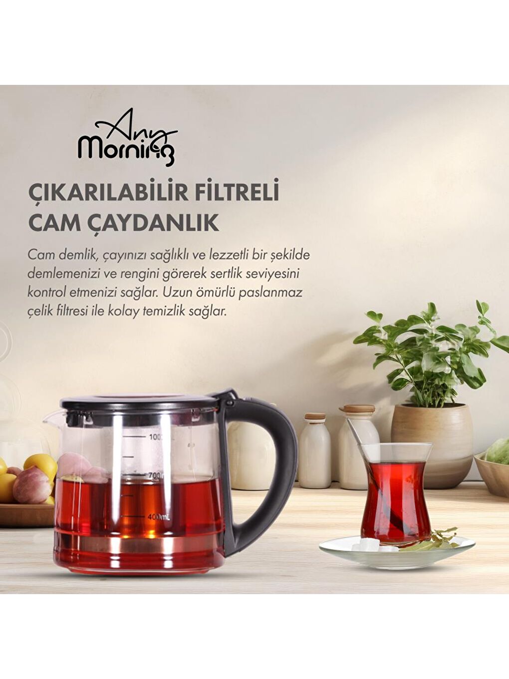 Any Morning Siyah-Bakır DE23203SX Cam Demlikli Çelik Su Isıtıcılı Çay Makinesi - 6