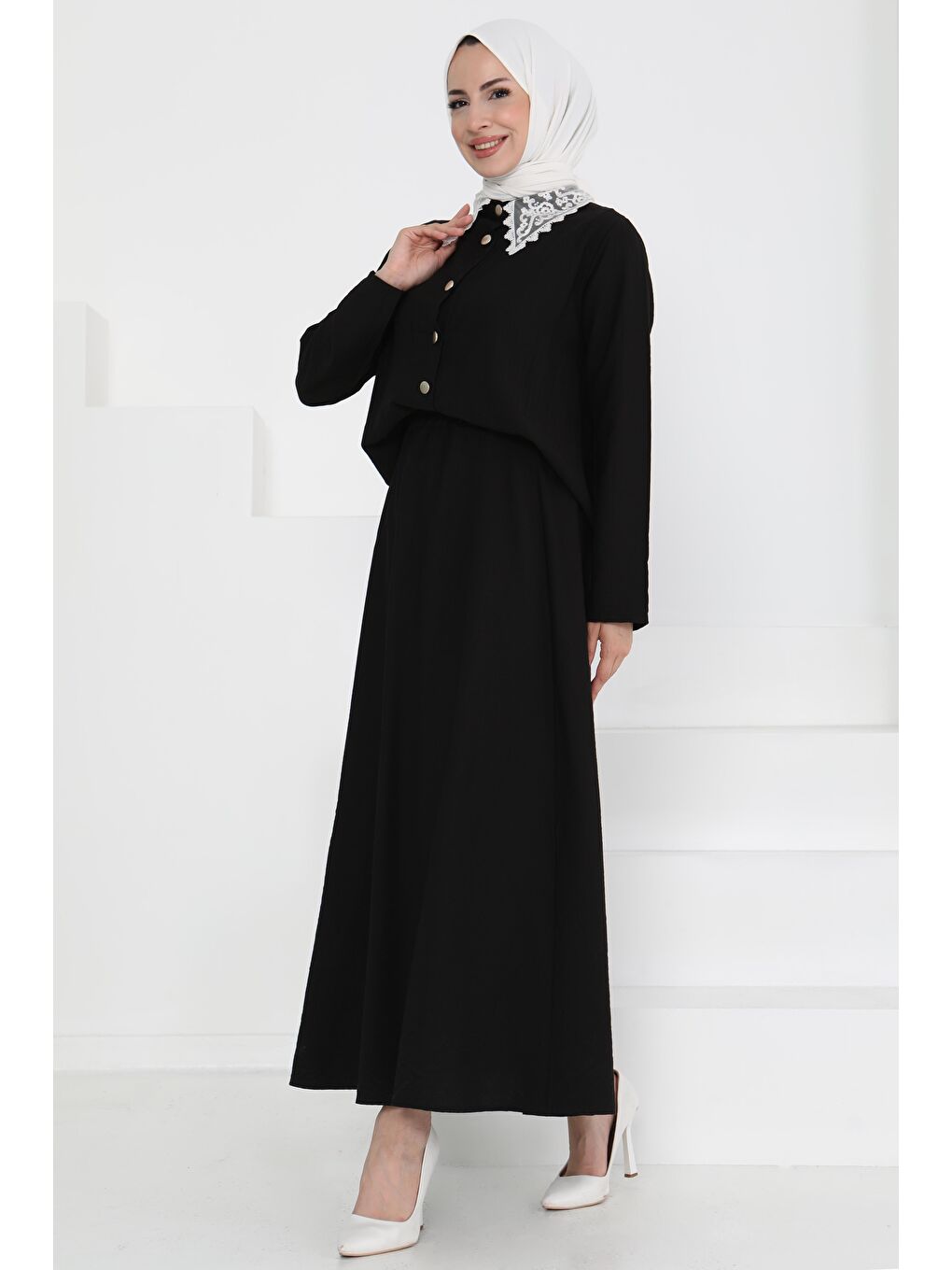 Dantel Yaka İkili Takım Siyah - 27179-3