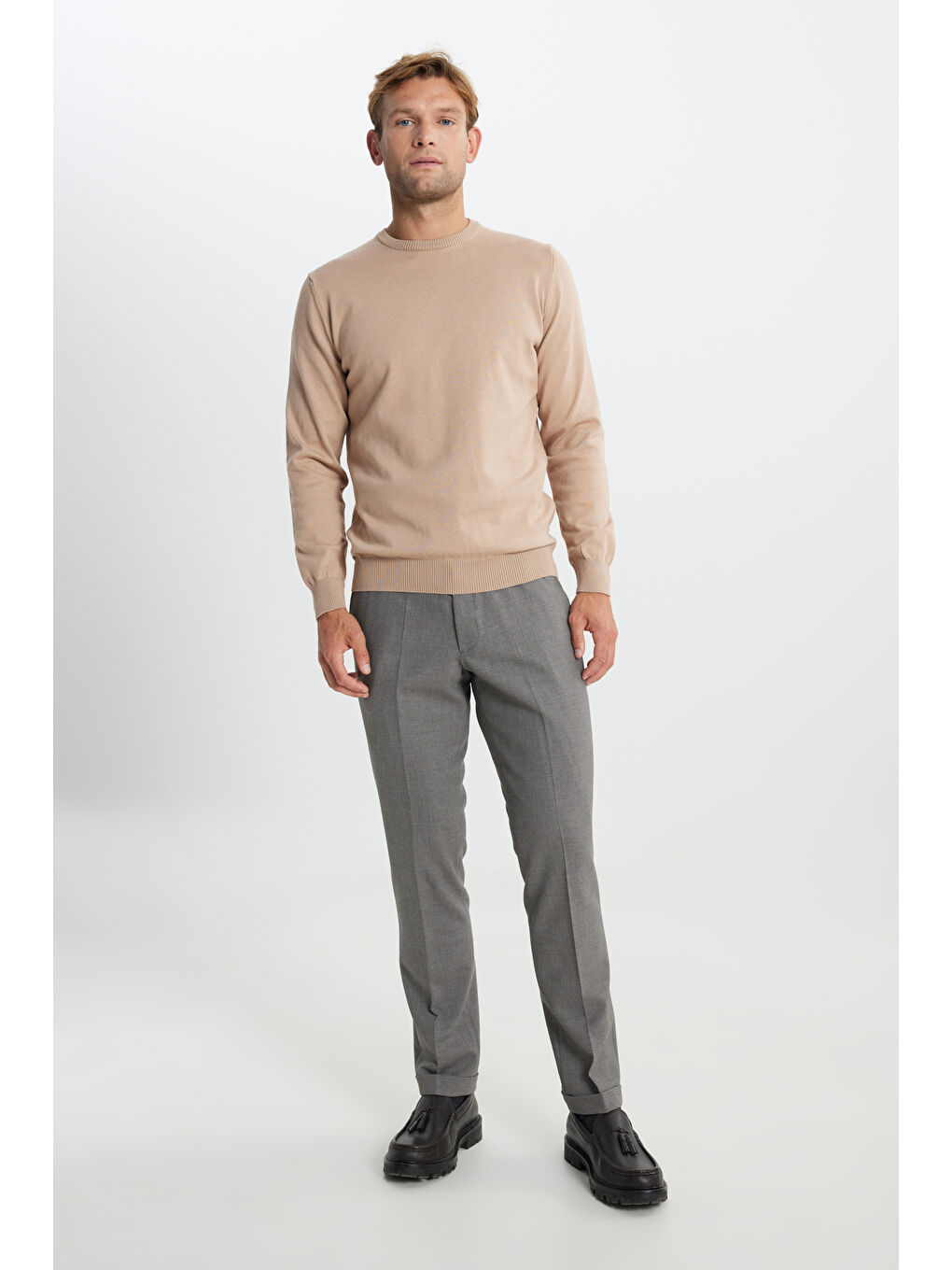 Erkek Kahverengi Slim Fit Dar Kesim Beli Lastikli Yan Cepli Desenli Klasik Pantolon-2