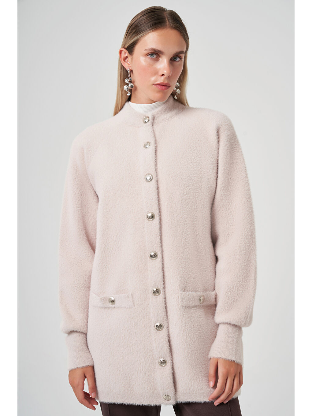 Bej Cep Detay Angora Hırka 7008 Taş