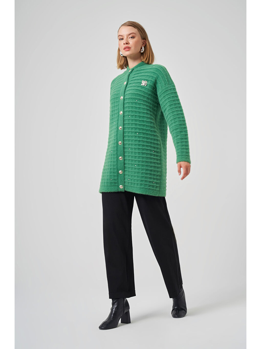 Yeşil Taş ve Broş Detay Angora Hırka 7010 yeşil-1