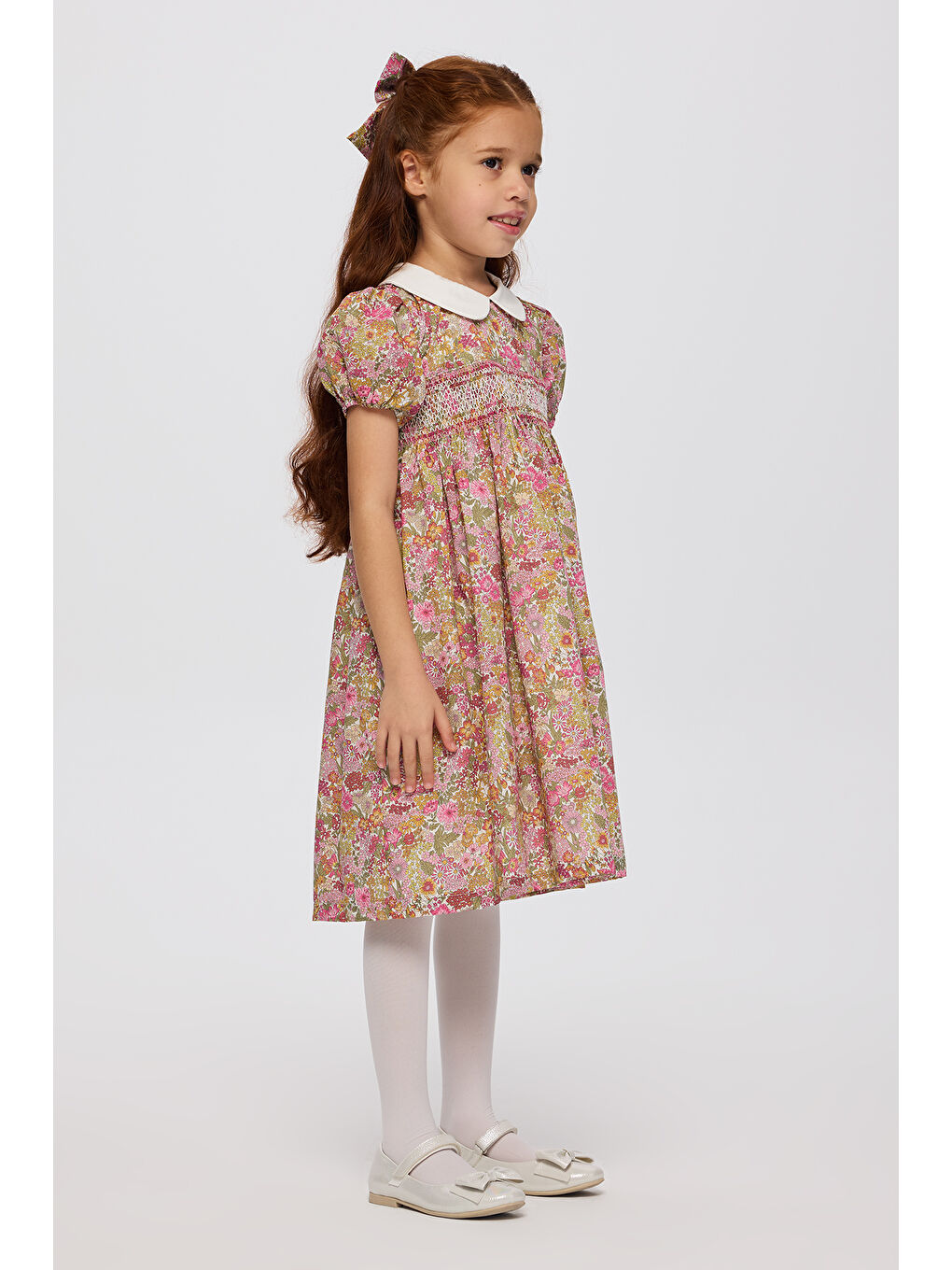 Pembe Liberty Kumaş Çiçek Desenli Kız Çocuk Elbise-1