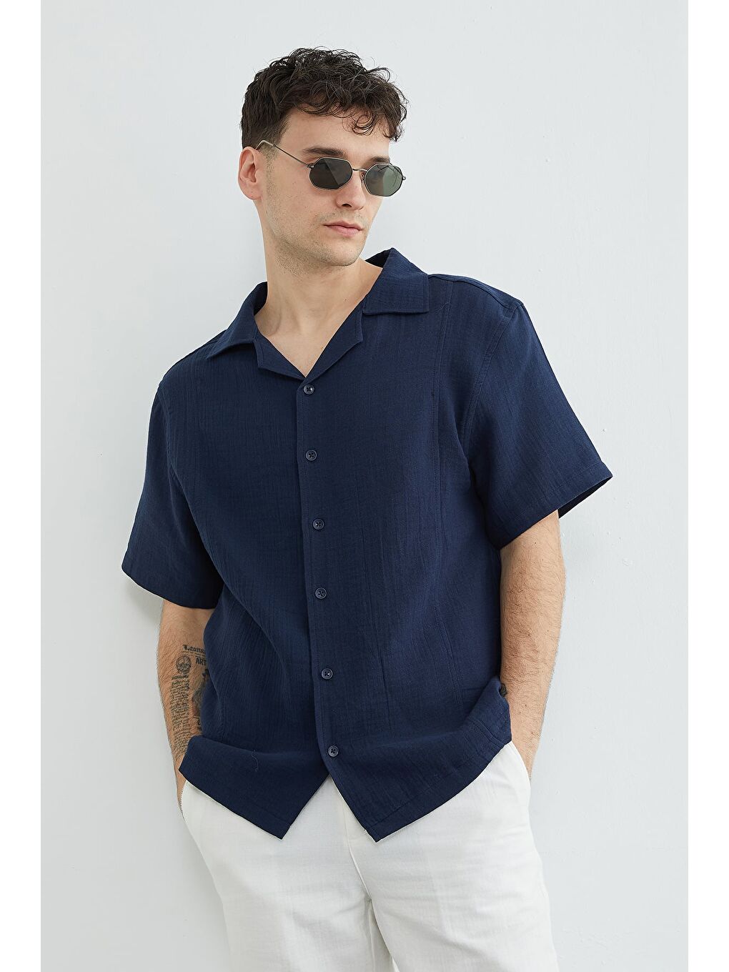 Lacivert Basic Müslin Kumaş Kısa Kol Gömlek-1
