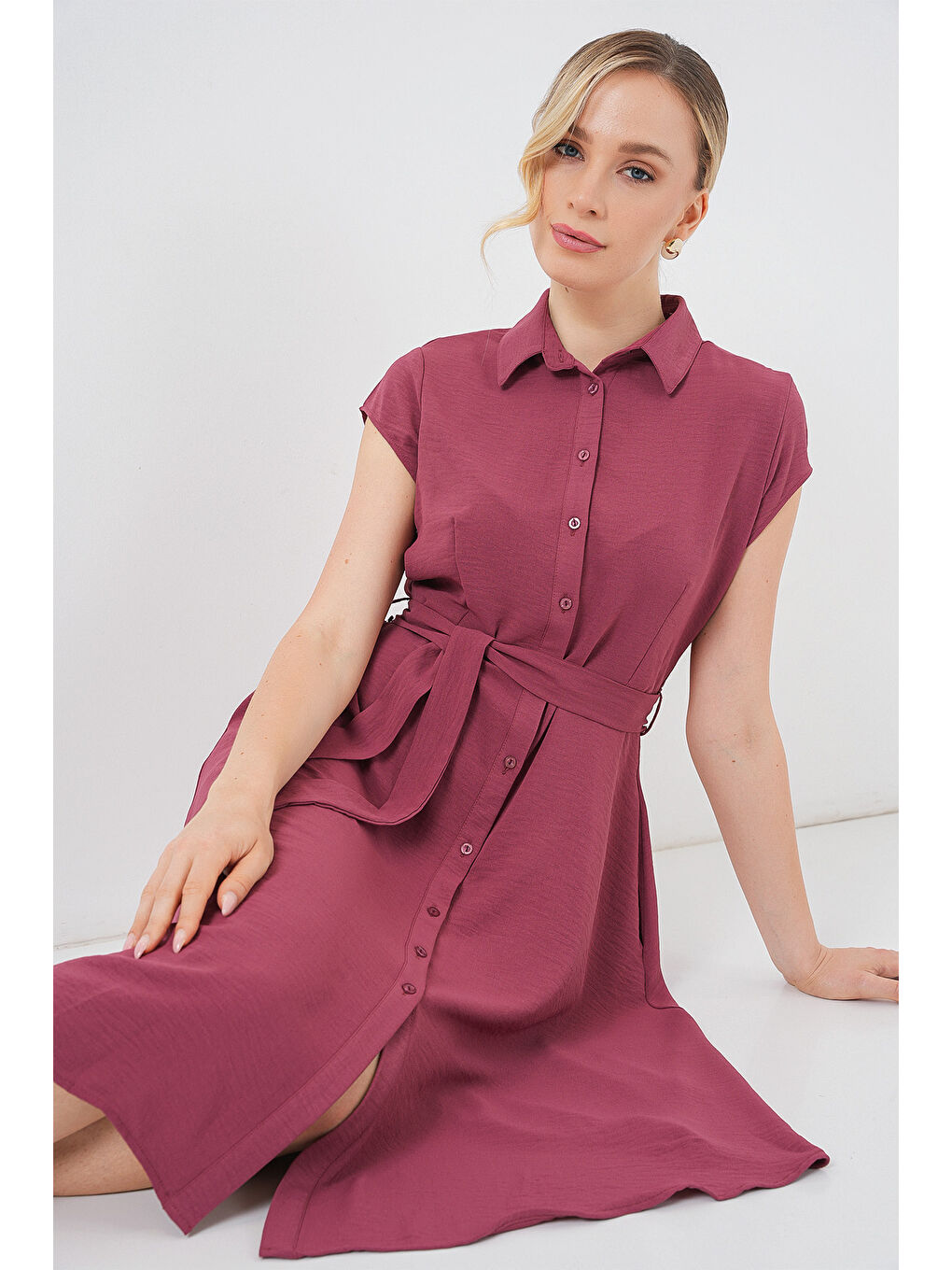 Pembe 1677 Boydan Düğmeli Kuşaklı Elbise - Gül Kurusu-1