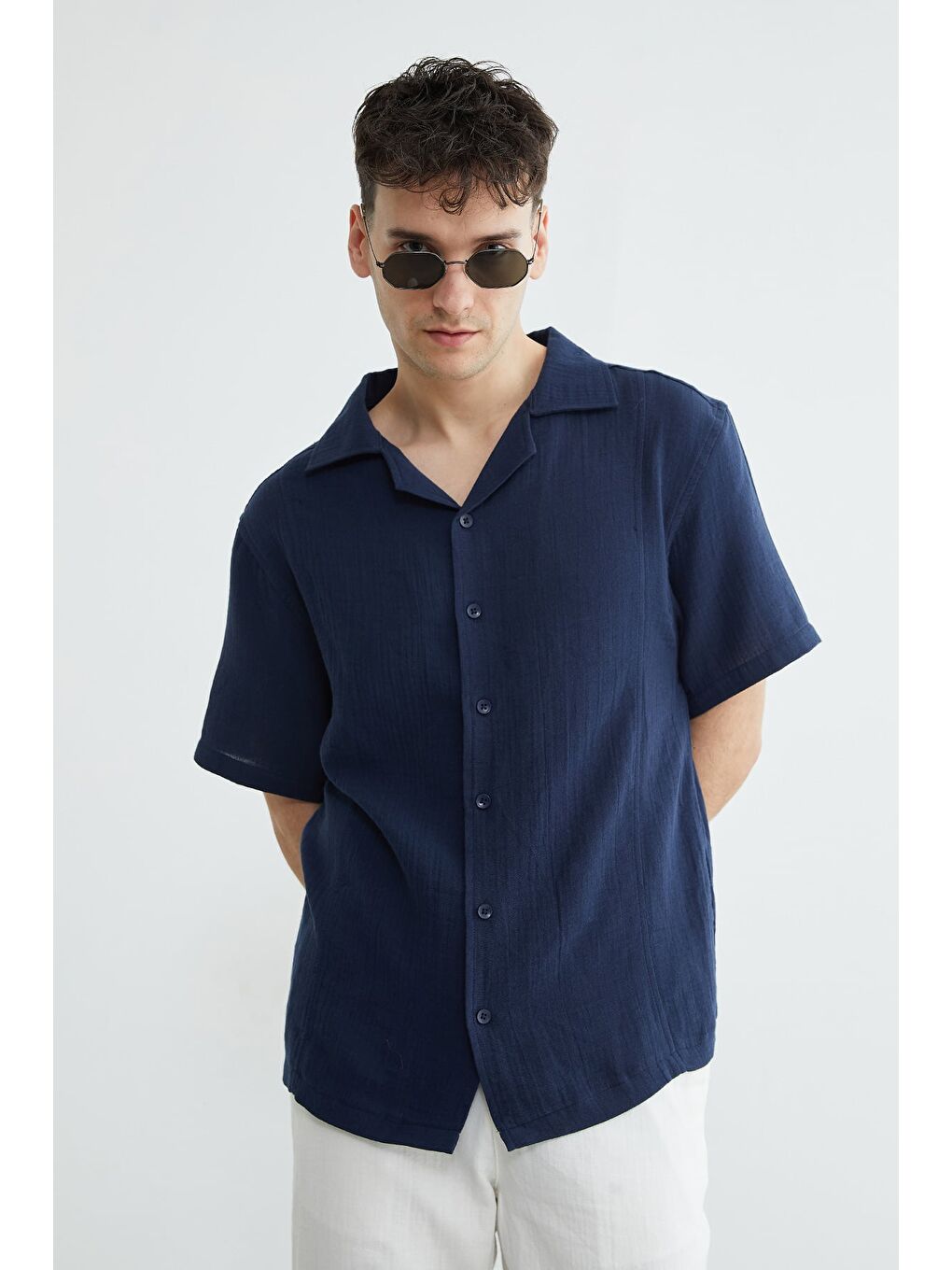 Lacivert Basic Müslin Kumaş Kısa Kol Gömlek-2