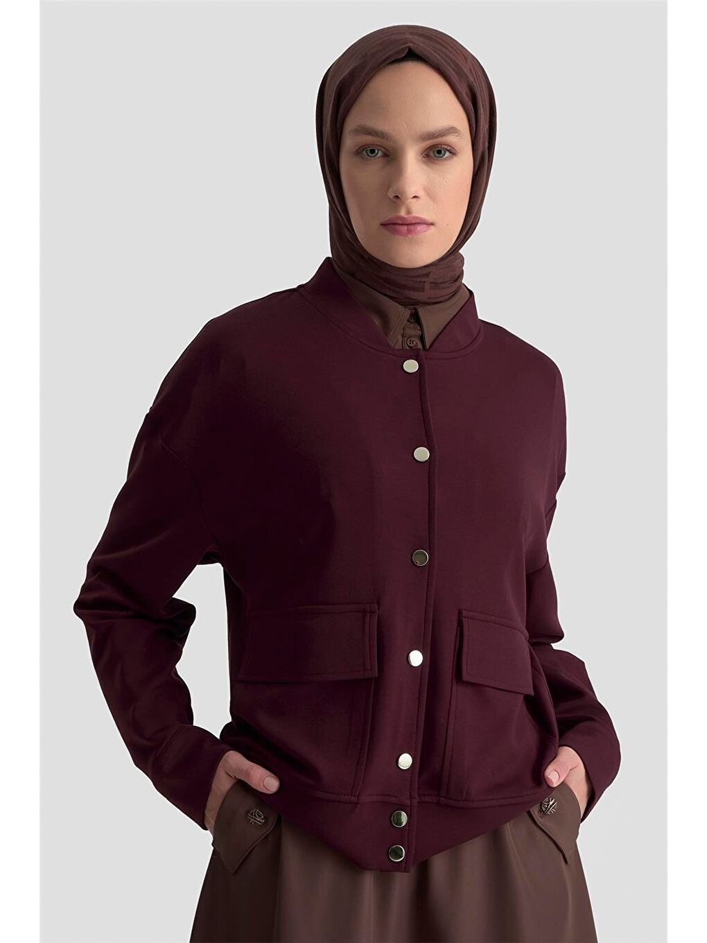 Zımbalı Örme Ceket 25Kd4032 Mürdüm