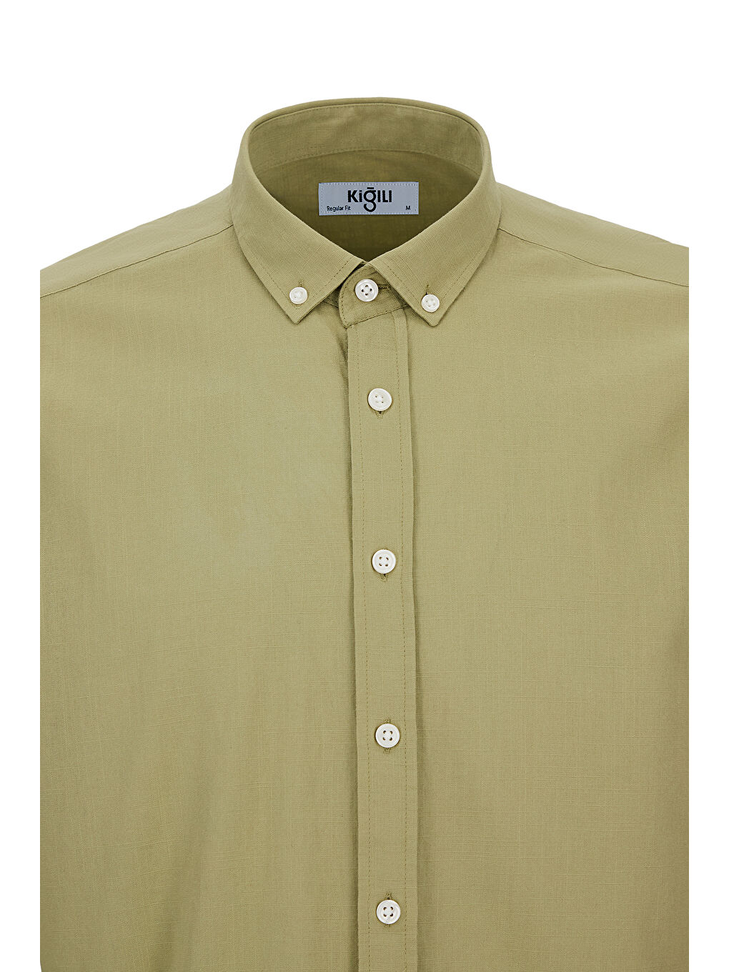 Haki Uzun Kol Regular Fit Düğmeli Yaka Spor Pamuk Nefes Alabilen Keten Görünümlü Gömlek-5