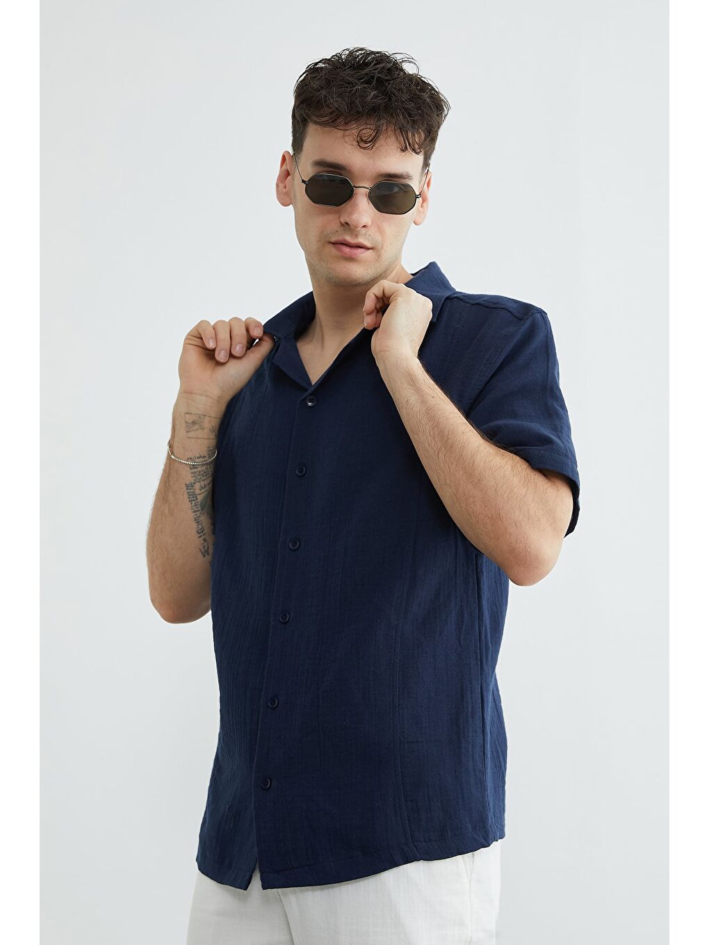 Lacivert Basic Müslin Kumaş Kısa Kol Gömlek-3