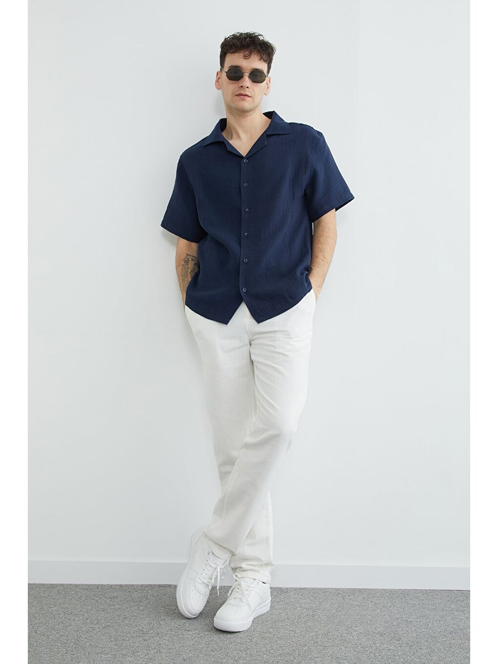 Lacivert Basic Müslin Kumaş Kısa Kol Gömlek-4