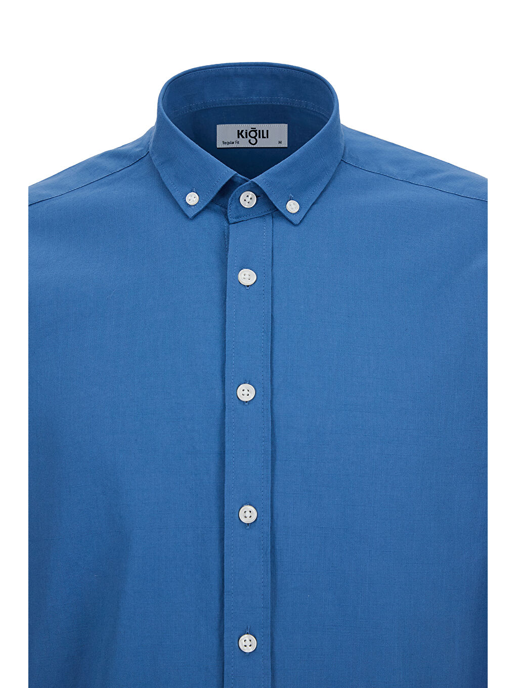 İndigo Uzun Kol Regular Fit Düğmeli Yaka Spor Pamuk Nefes Alabilen Keten Görünümlü Gömlek-5