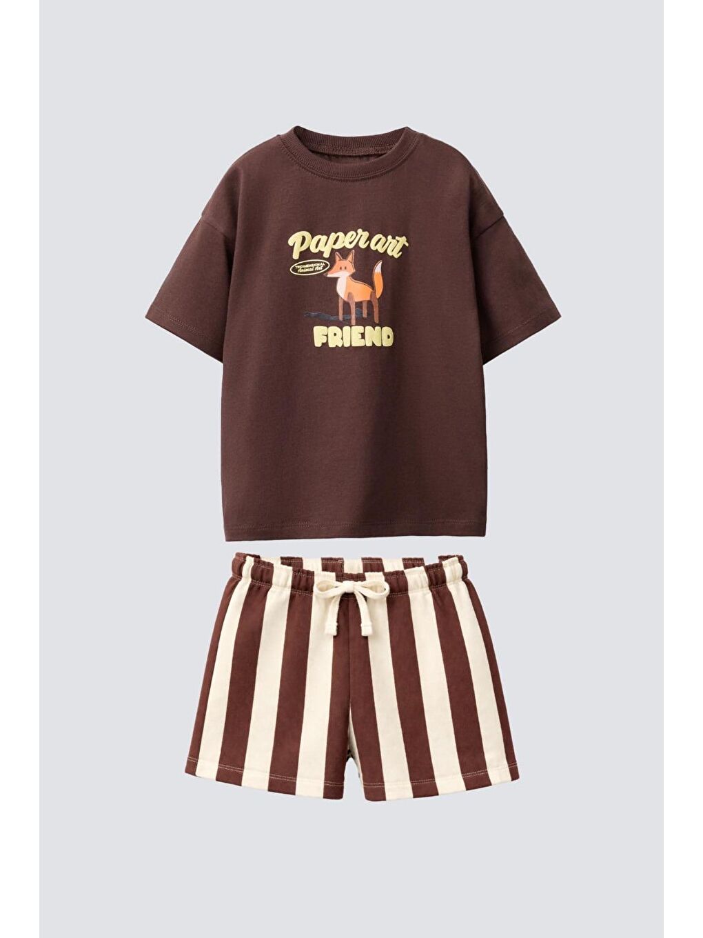 Erkek Çocuk Kahverengi Tilki Baskılı T-Shirt Ve Çizgili Şort Alt Üst Takım-2