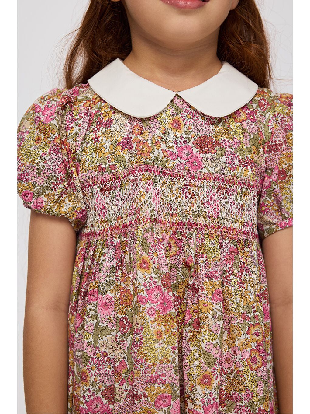 Pembe Liberty Kumaş Çiçek Desenli Kız Çocuk Elbise-5