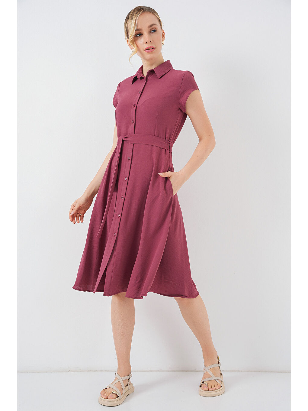 Pembe 1677 Boydan Düğmeli Kuşaklı Elbise - Gül Kurusu-2