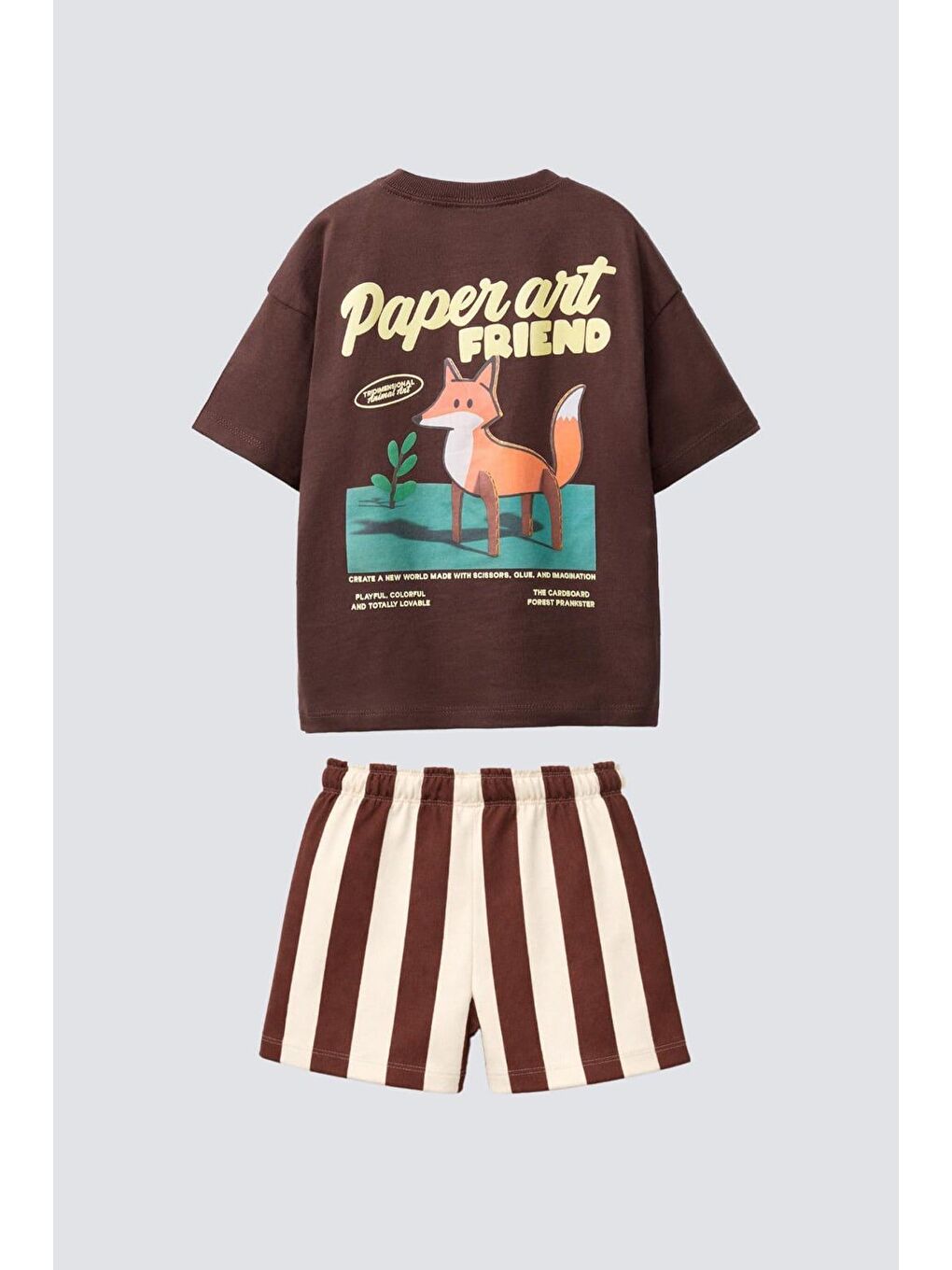 Erkek Çocuk Kahverengi Tilki Baskılı T-Shirt Ve Çizgili Şort Alt Üst Takım-5