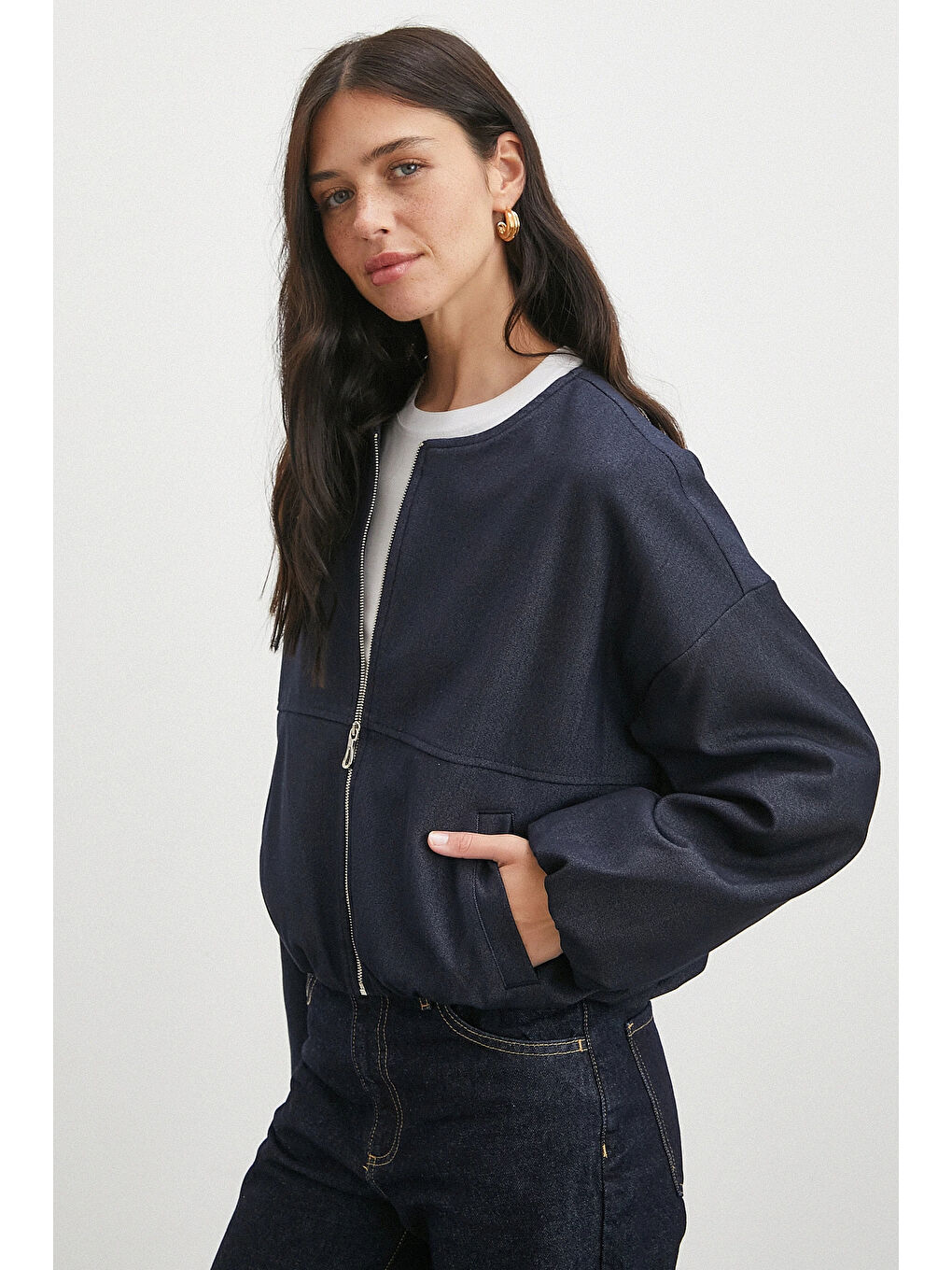 Beli Lastikli Fermuarlı Denim Görünümlü Bomber Ceket Lacivert