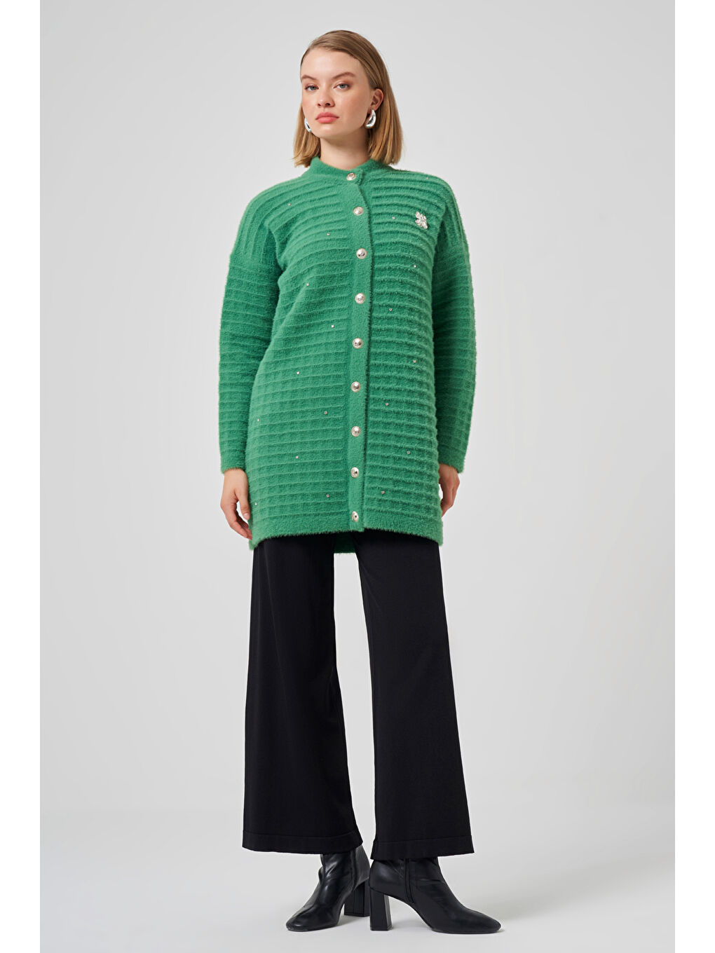 Yeşil Taş ve Broş Detay Angora Hırka 7010 yeşil-3