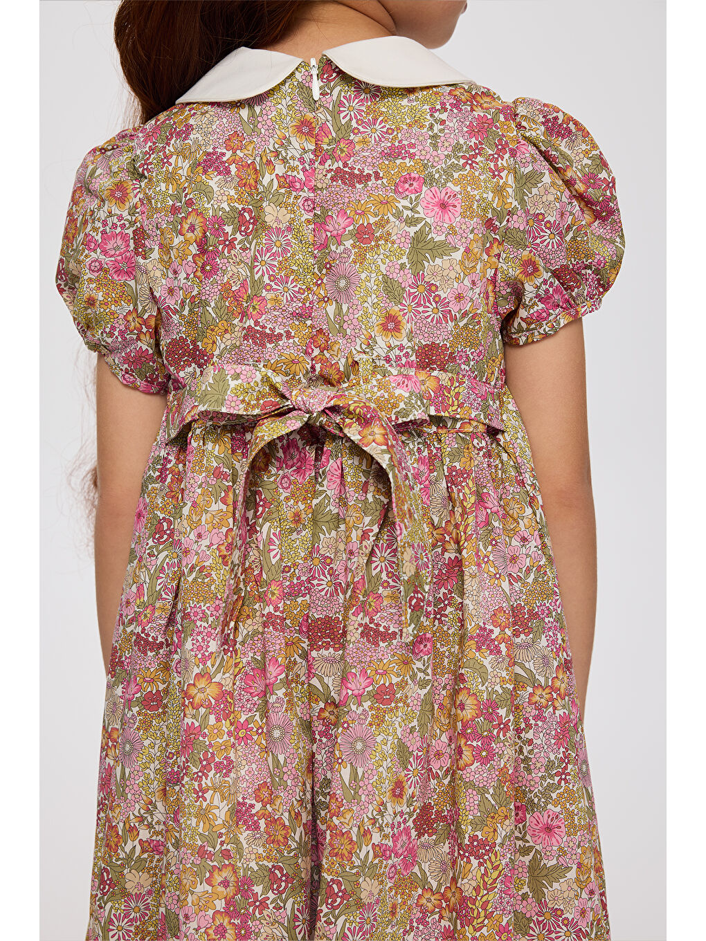 Pembe Liberty Kumaş Çiçek Desenli Kız Çocuk Elbise-6
