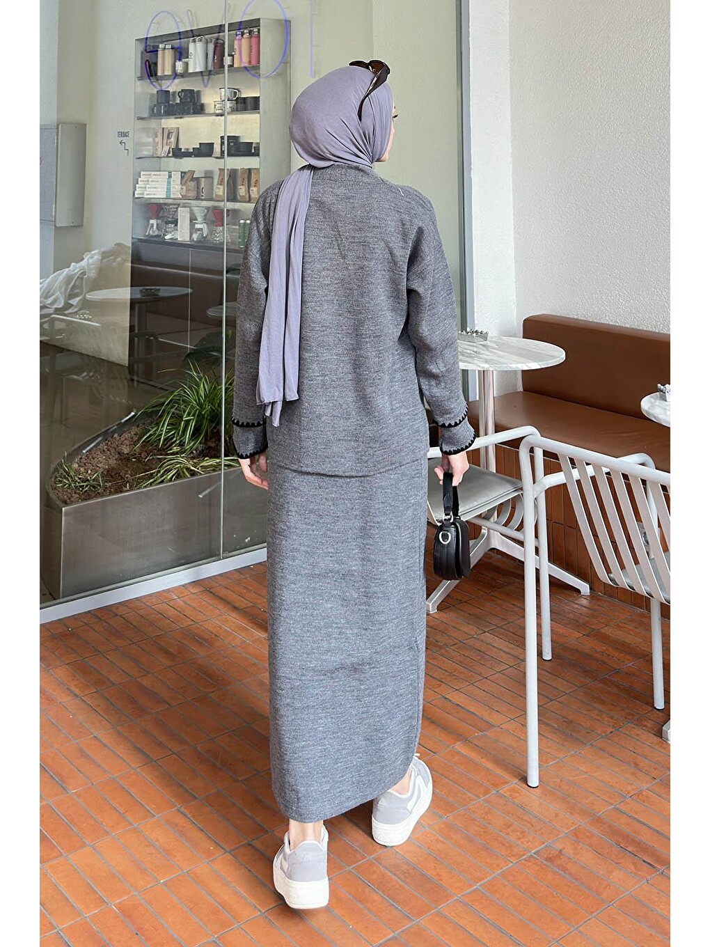 Gri Etek-hırka Tesettürlü Triko Takım Füme-3